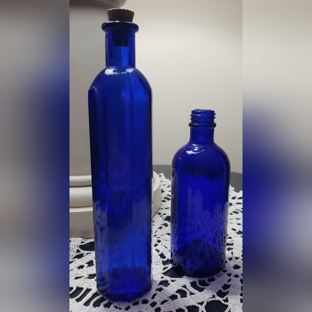 Set of Two Cobalt Blue Glass Bottles